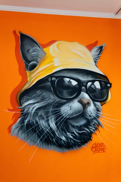 Turuncu fonda güneş gözlüklü kedi mural