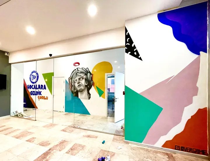 İç mekânda geometrik renk alanları ve portre mural